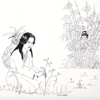 Consort Jing picking herbs while a young Lin Chen hides